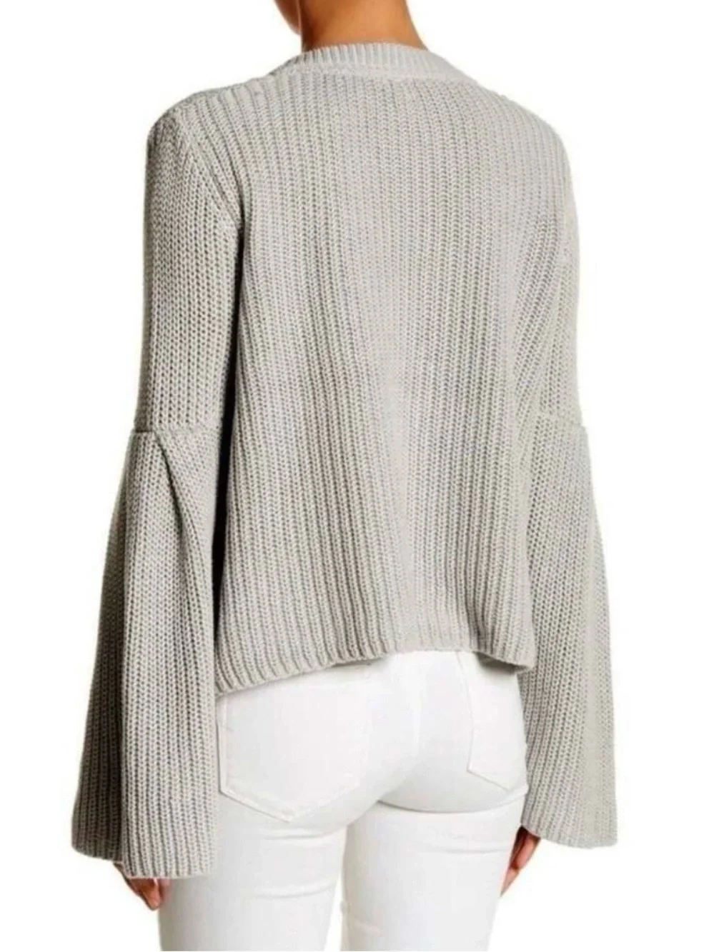 Free People Damsel Gray Pullover V Neck Knit Sweater with Bell Sleeves, Size S